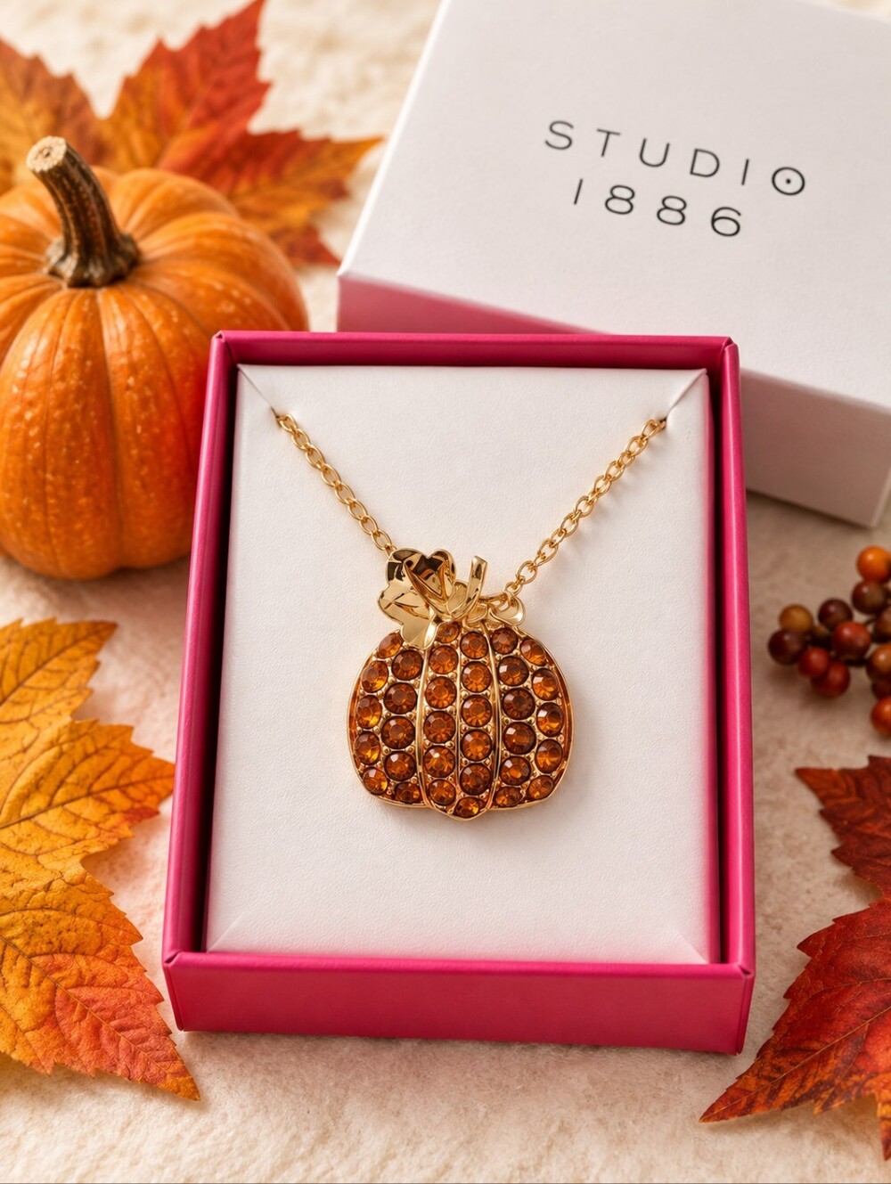 NIB Avon Studio 1886 Rhinestone Pumpkin Pendant Necklace Halloween